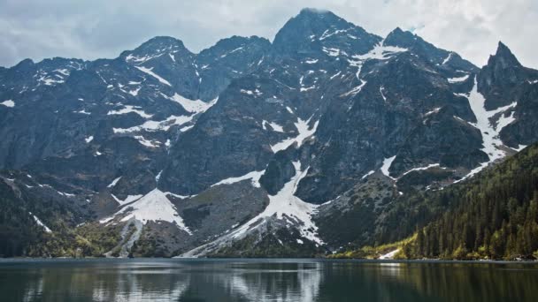 Mountain Lake met koud blauw water, alpenbos en besneeuwde rotsen op de achtergrond — Stockvideo