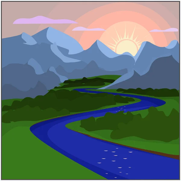 Puesta de sol en el valle donde fluye el río — Archivo Imágenes Vectoriales