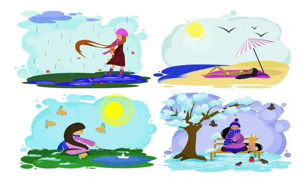 Paysage avec une fille aux cheveux longs et fluides dans les saisons, vecteur — Image vectorielle
