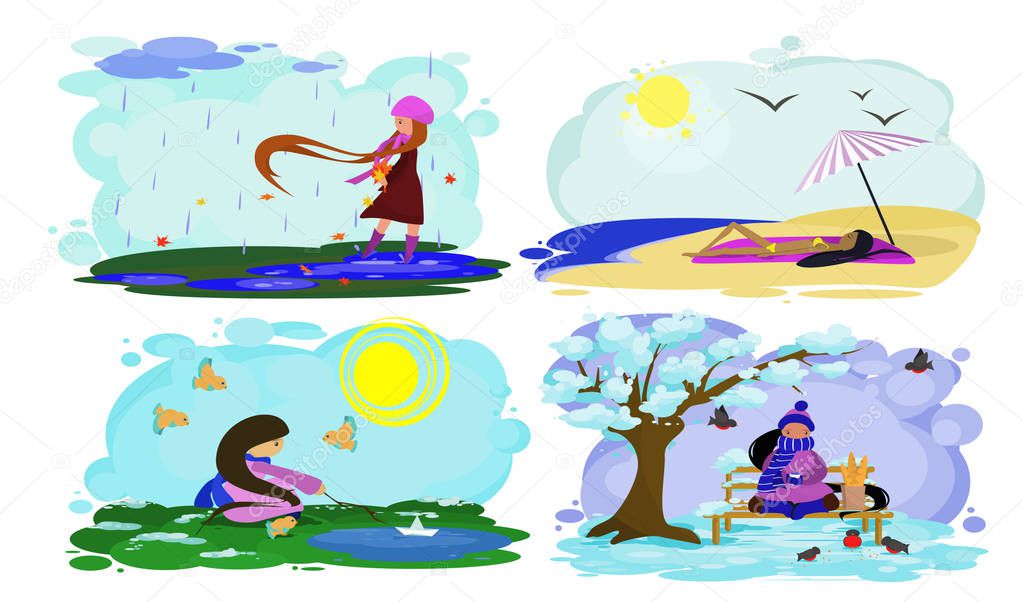 landscape with a girl with long, flowing hair in seasons, vector