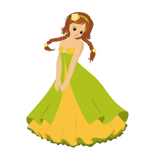 Κορίτσι με πλεξούδες σε κίτρινο-πράσινο φόρεμα — Διανυσματικό Αρχείο