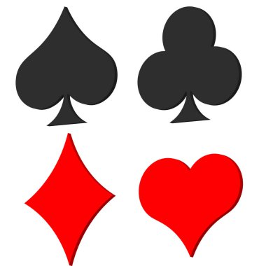 İskambil kağıdının cildi: Hearts, Diamonds, Club, Spades. Beyaz arka planda kırmızı ve siyah. Poker kartları