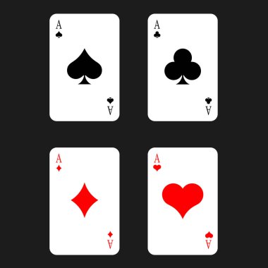 Kağıt oynuyorum. Koyu bir arka planda birbirinden ayrı dört farklı takım elbise. Poker. Kazanma kombinasyonu