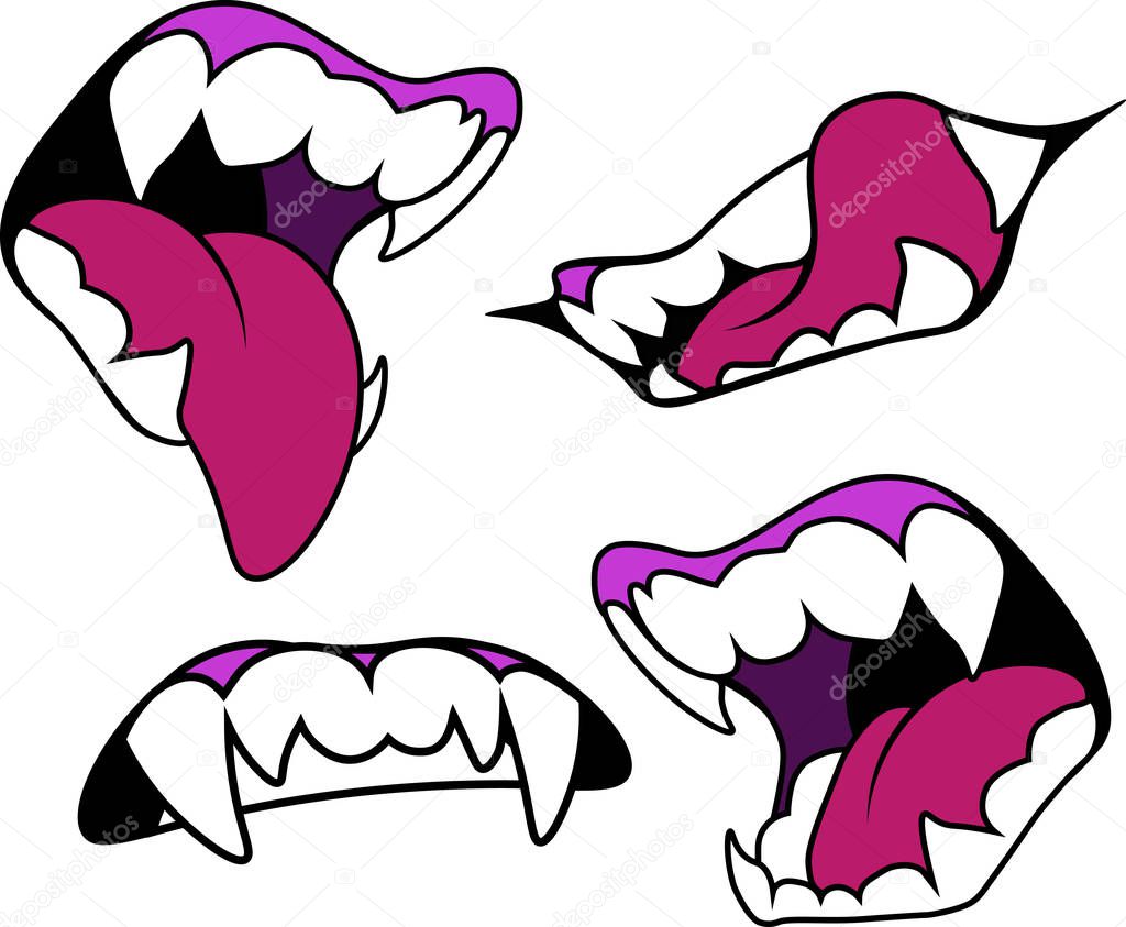 mouth with fangs in four versions. Halloween vector illustration. Design elements for advertising and promotion. Isolated on white background.