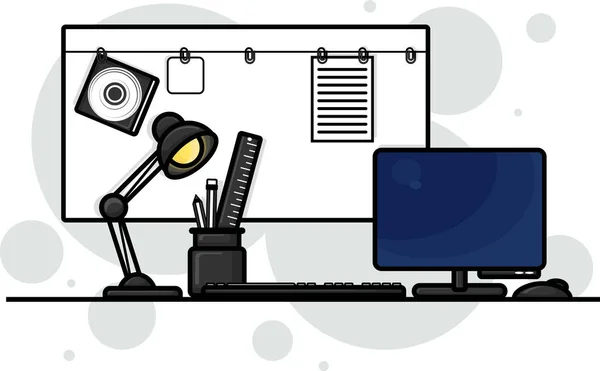 Grafik Desktop Design Mit Schatten Computer Tastatur Maus Lampe Bleistiftkasten — Stockvektor