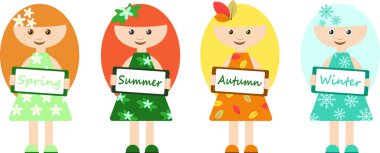 Mevsimlik tabelası olan, farklı kıyafetler giyen ve mevsime bağlı olarak farklı saçı olan kızlar. Tasarımınız için dört mevsim soyutlama kavramı.