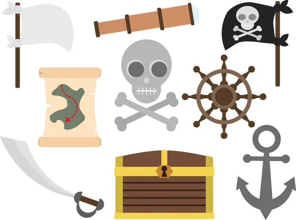 Pirate Nautical Attributes Flat Format Sea Robbers Flag Skull Bones — Stock Vector
