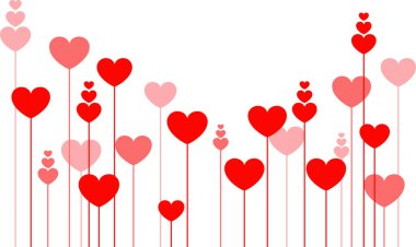 Çiçek yerine kalpler olan çiçek çayırı. Bir sürü kırmızı kalp. Sevgililer Günü.