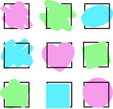 Beyaz zemin üzerinde siyah çerçeveli mavi, pembe, yeşil düz geometrik vektör pankartları