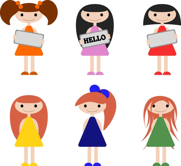 白い背景で色が違うヘアスタイルや服が違うかわいい女の子 看板を手にした女の子たち 六オプション — ストック写真