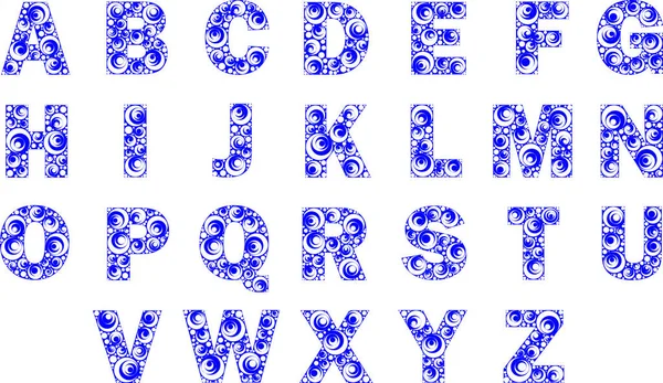 english alphabet.  english letters, alphabet isolated on white background with blue ornament inside. Capital letters with round ornaments of blue color.
