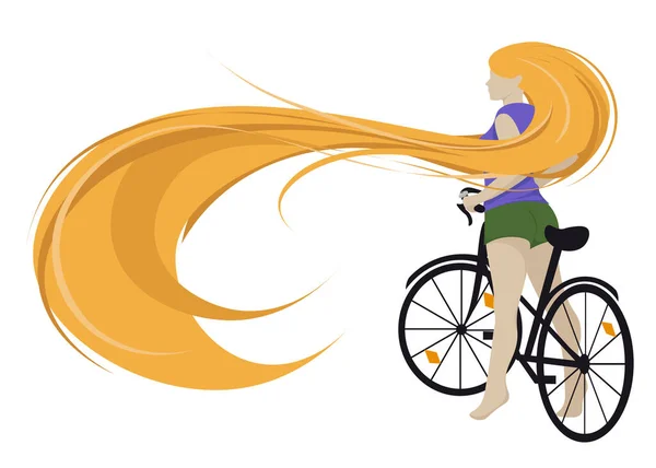 穿着时髦绿色短裤和紫色T恤的女运动员 骑自行车时红头发不断发展 被白色的背景隔离了矢量说明 — 图库矢量图片