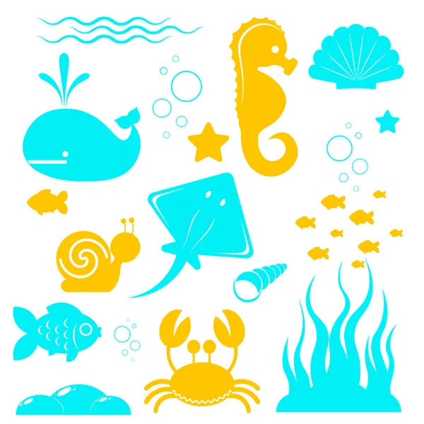 Icons Marine Inhabitants Objects Related Sea Recreation Brightly Isolated White — Stock Vector