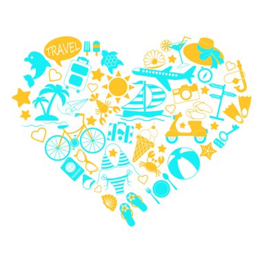 Deniz kenarındaki rahatlamanın parlak turuncu ve mavi renkli simgeleri ve beyaz arka planda izole edilmiş bir kalp şeklinde katlanmış tatil beldesi..