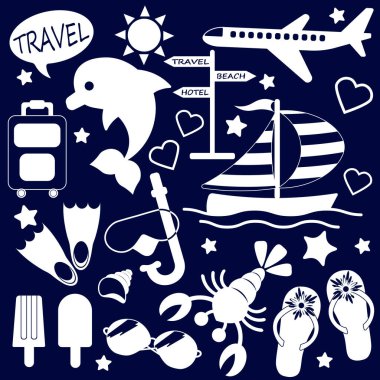   Beyaz seyahat silueti, tatil beldesi, seyahat ve tatil simgeleri koyu arkaplanda izole