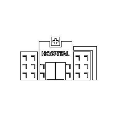 Beyaz arkaplanda hastane binasının ön siluetinin vektör simgesi