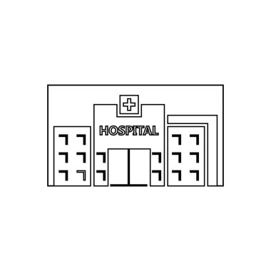 Beyaz arkaplanda hastane binasının ön siluetinin vektör simgesi