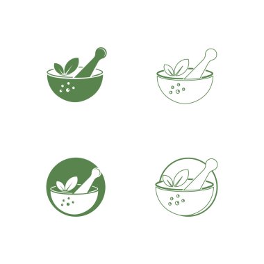 Eczane ikonu, bitkisel eczane sembolü, Pestle ve Havan vektörü çizim şablonu