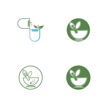 Eczane ikonu, bitkisel eczane sembolü, Pestle ve Havan vektörü çizim şablonu