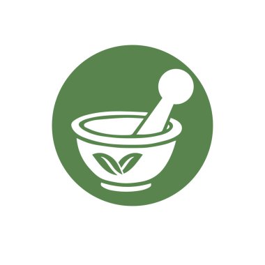 Eczane ikonu, bitkisel eczane sembolü, Pestle ve Havan vektörü çizim şablonu