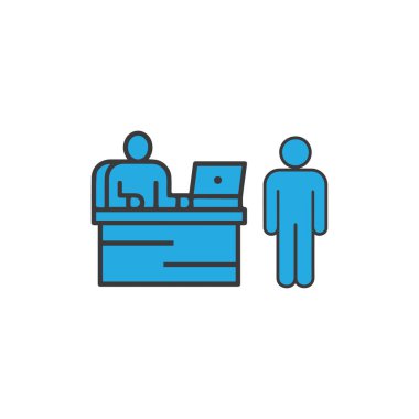 Kayıt masası vektörü, Müşteri hizmetleri masası simgesi, bilet gişe masası basit illüstrasyon tasarımı 