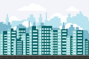 Şehir manzarası geçmişi. Siluet modern şehir sokağı. İş seyahati. Kasaba binaları manzaralı. Metropolis. Turizm konsepti. Şehir manzarası.