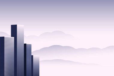 Modern vektör çizimi. Güzel şehir. Üç boyutlu olarak. Binaların mimarisi. Bulutlardaki Megapolis. Metin için boşluk ile.