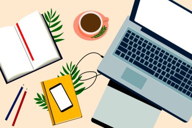  Merkez ofis vektör çizimleri, dizüstü bilgisayarı, kitaplar, kahve, akıllı telefon, grafik tablet. Not defteri. Pastel konsept, Top view. Online yaşam tarzı konsepti. Çevrimiçi eğitim, ev konseptinde çalışma.
