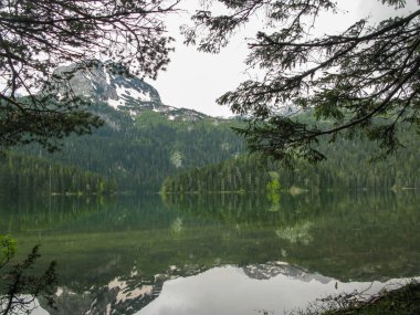 Durmitor dağları Crno Jezer 'in ayna suyuna yansıyor.