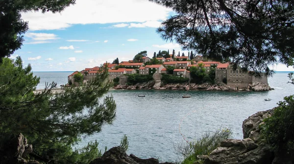 Vista da ilha Sveti Stefan através dos ramos de coníferas — Fotografia de Stock