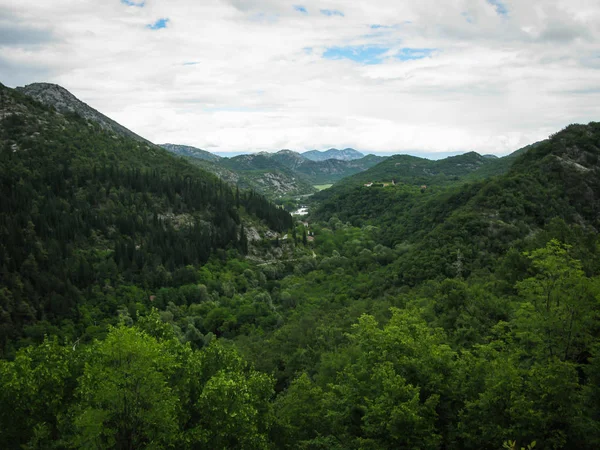 Panorámás kilátás nyílik a hegyekre és az erdőre a Skadar-tó közelében — Stock Fotó