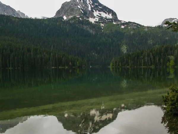 Reflejo de las montañas Durmitor en el espejo de agua de Crno Jezero, Parque Nacional Durmitor, Zabljak, Montenegro — Foto de Stock