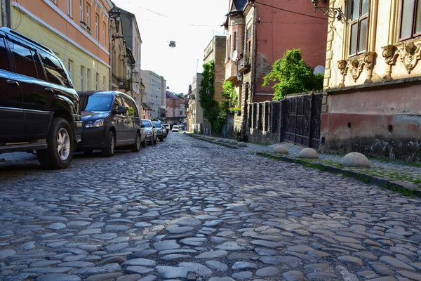 Rua Velha Com Pavimento Paralelepípedos Uzhhorod Ucrânia — Fotografia de Stock