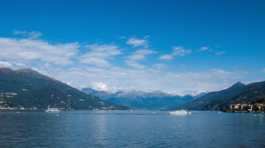 Göl ve Alplerin panoramik manzarası, Bellagio, villa Melzi, Como Gölü, Lombardy, İtalya