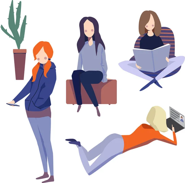 Conjunto Ilustraciones Con Diversas Chicas Que Utilizan Dispositivos Móviles Computadoras —  Fotos de Stock