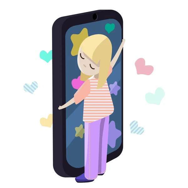 Kids spending more time on screens. Girl is addicted to the internet. Flat design vector
