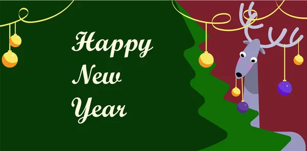 Feliz Año Nuevo Ilustración Con Ciervos Árbol Navidad Fondo Verde — Foto de Stock