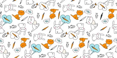 Kusursuz kedi ve tavşan desenli vektör çizimi. Kedi yavrusu rüya görür ve balık tavşanı rüyasında havuç ve vektör çizimini görür.