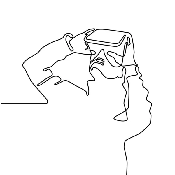 Uma linha mulher desenho contínuo em óculos dispositivo realidade virtual. Ilustração vetorial — Vetor de Stock