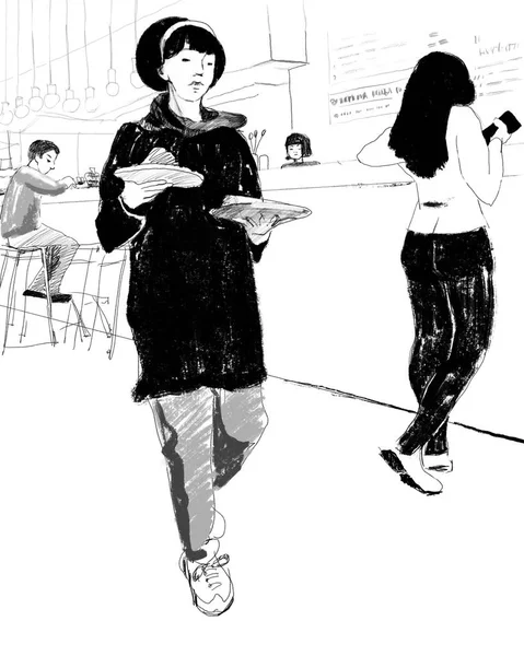 Кафе або вулична їжа чорно-білий ескіз офіціант приносить замовлення, відвідувачі стоять і сидять в барі. Ілюстрація малювання рук — стокове фото