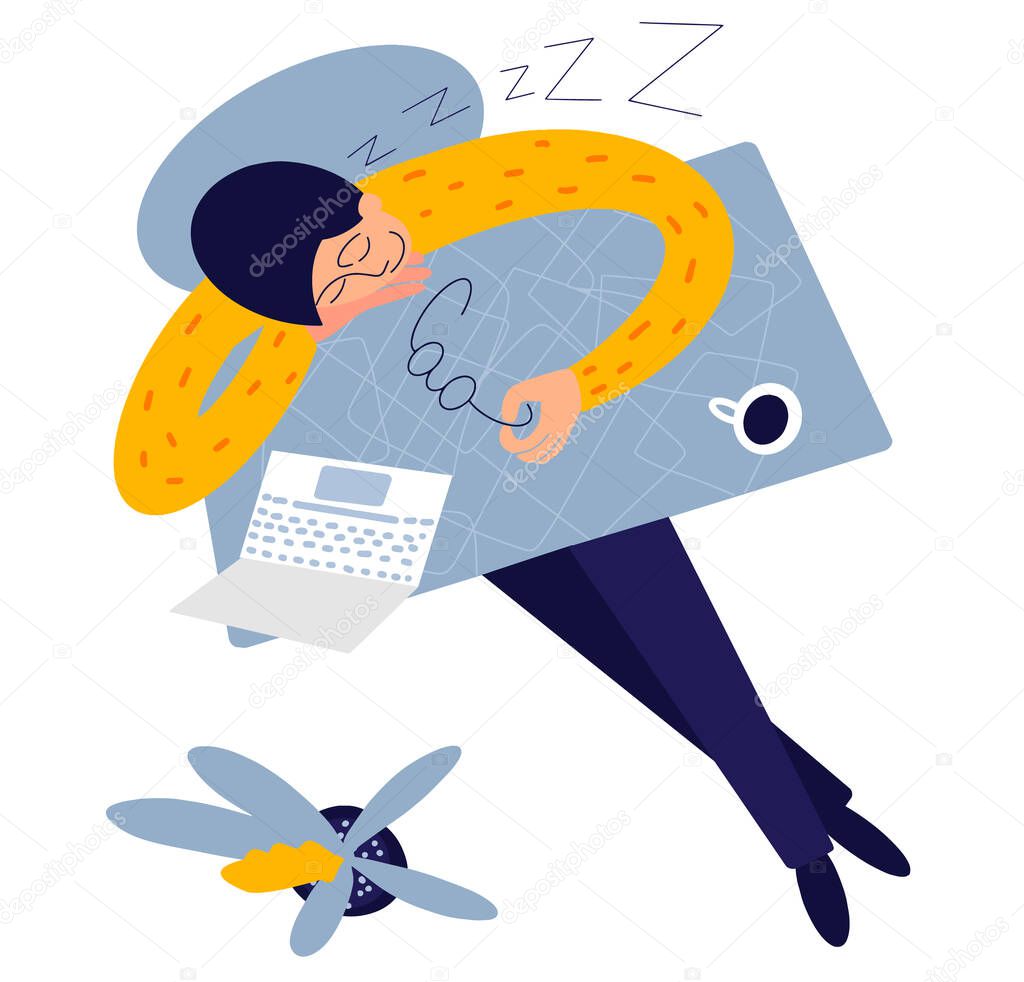 Man fell asleep at the table in the office. Work overtime. Modern vector illustration. View from top