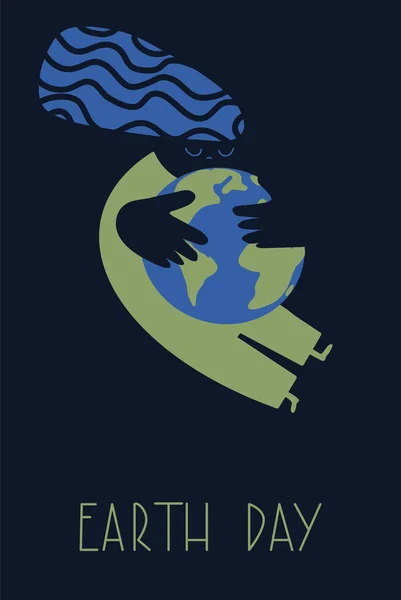 Earth Day Schriftzug. Mensch umarmt Planet mit seinen Händen. Konzept zum Schutz der Welt — Stockvektor