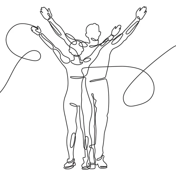 单线绘图 男人和女人手举着手 站在一起打招呼 体育胜利 运气成功的概念 可编辑矢量绘图 — 图库矢量图片