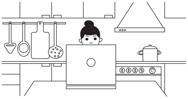 若い女性はラップトップで台所で自宅で働いています — ストックベクタ