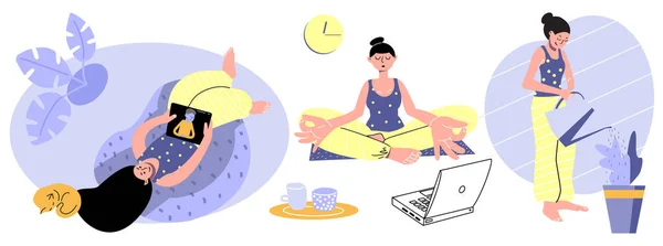 Chica pasar tiempo en internet, haciendo yoga en línea, se encarga de las plantas de interior — Archivo Imágenes Vectoriales
