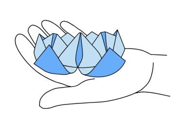 Origami logosu elinde nilüfer çiçeği. Şematik çiçek logosu.