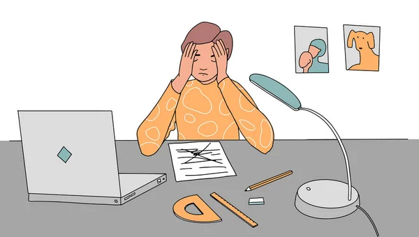 Fiú otthon a stressz csinál kemény házi feladatot, vagy készülj fel a vizsgára — Stock Vector