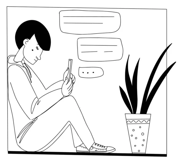Um adolescente conversando mensagens usando aplicativo de bate-papo no telefone móvel —  Vetores de Stock