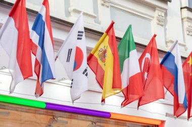 Rusya 'nın başkenti Moskova' da pek çok ülkenin ulusal bayrakları tarihi yapıya tutunmuş durumda.