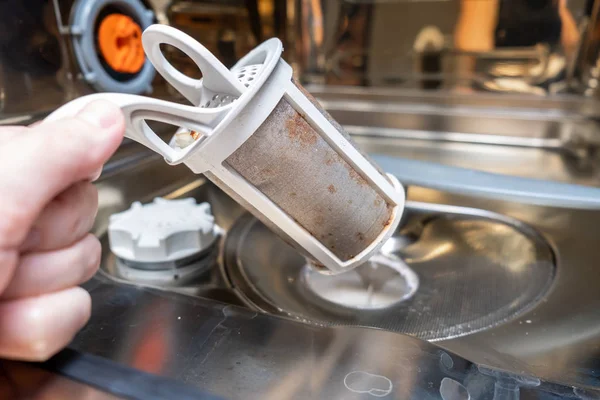 A hand taking out a dirty drain filter of dishwashing machine close up